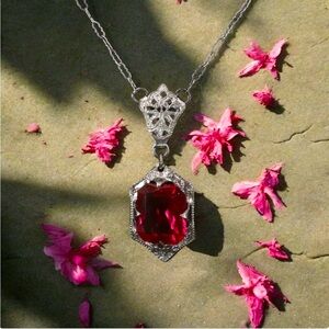 VTG German Art Deco Sterling Silver Filigree Necklace with Crimson Czech Glass